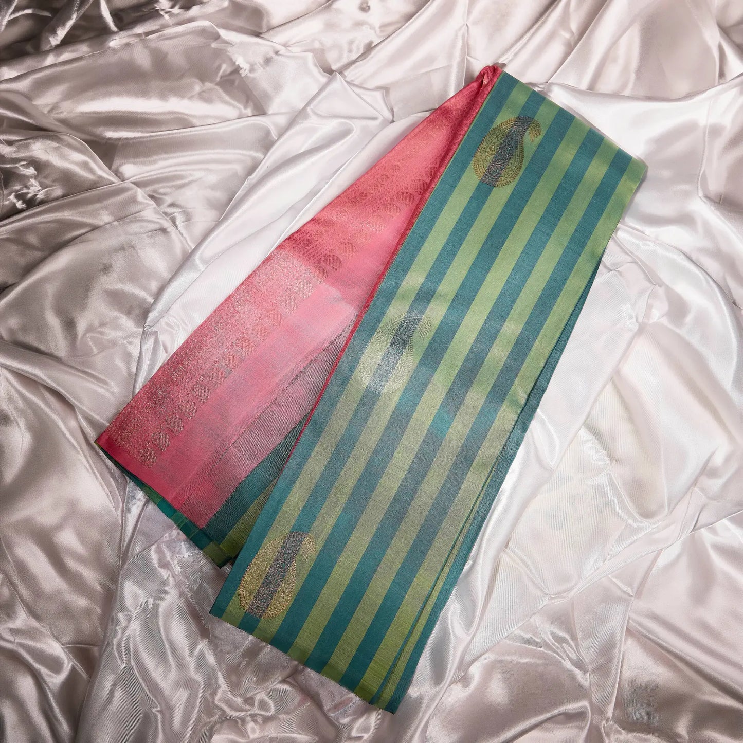 Emerald Varnam teal blue sage green and rose pink Kanchivaram silk saree with zari paisley motifs and contrast pallu – Ethereal Weaves UAE