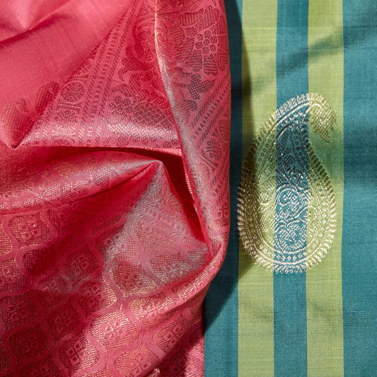 Emerald Varnam teal blue sage green and rose pink Kanchivaram silk saree with zari paisley motifs and contrast pallu – Ethereal Weaves UAE