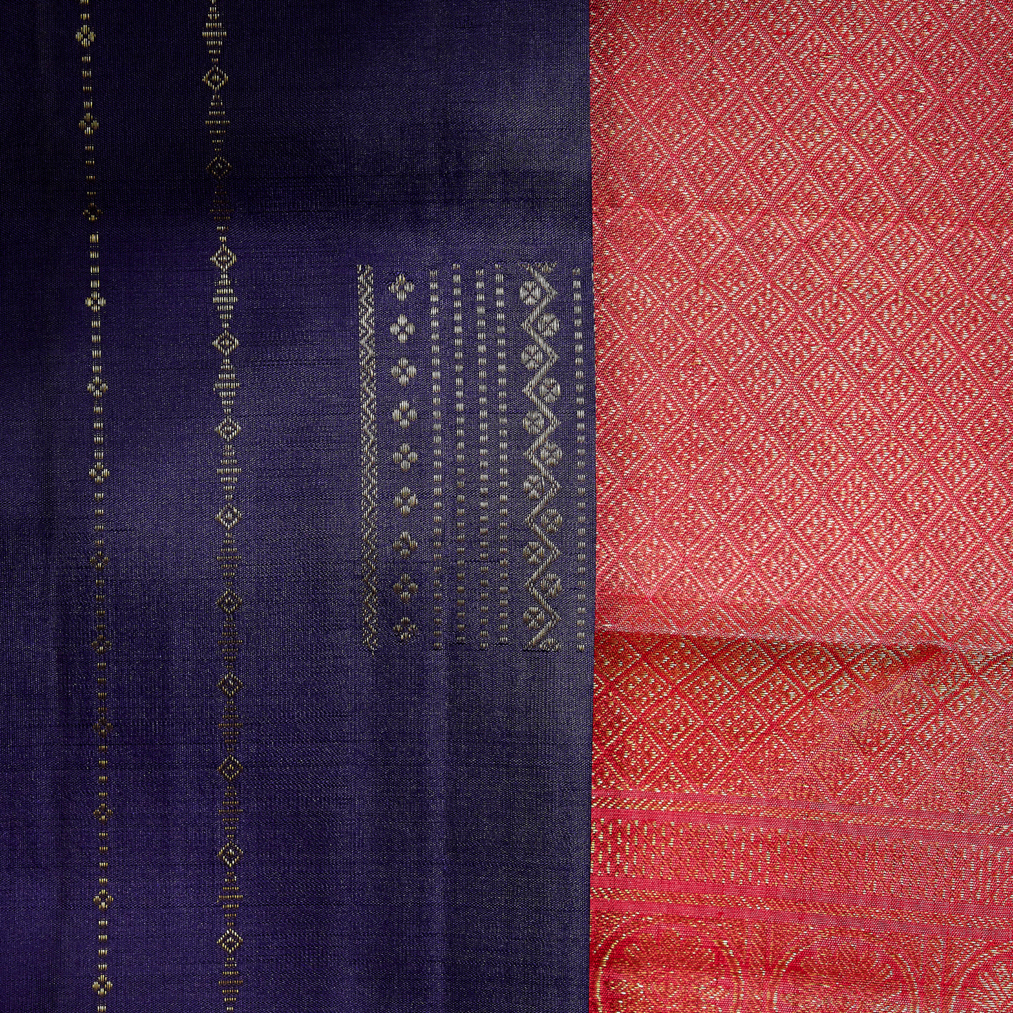 Indira Raga indigo blue and rani pink Kanchivaram silk saree with fine geometric zari motifs and richly patterned pallu – bridal saree UAE