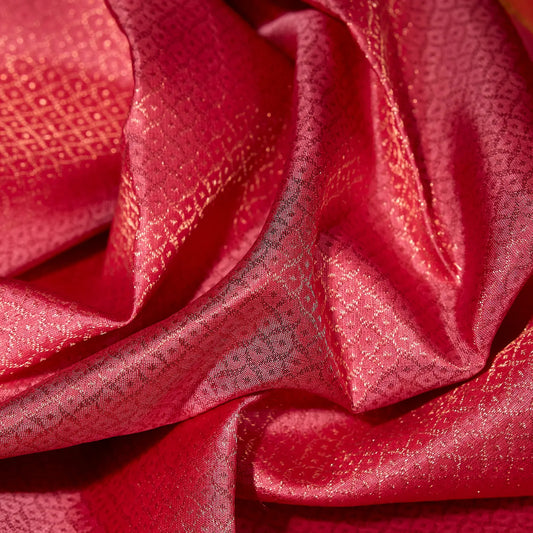 Kanaka Rani mustard gold and ruby pink Kanchivaram silk saree with fine zari motifs and contrast pallu – Ethereal Weaves UAE