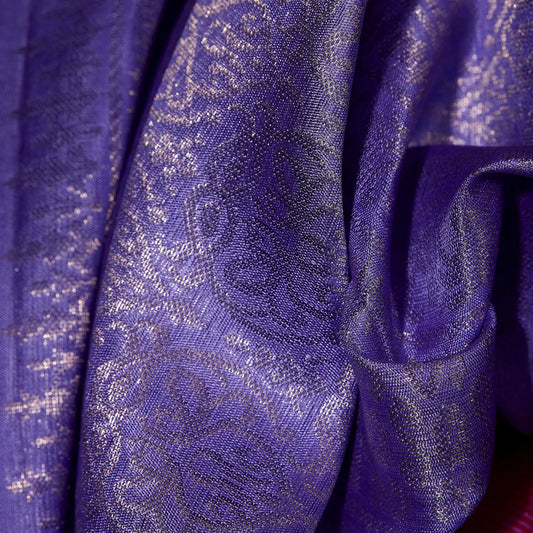 Lilac Lavanya lavender purple and ruby red Kanchivaram silk saree with silver zari and tassel detailing – Ethereal Weaves UAE.