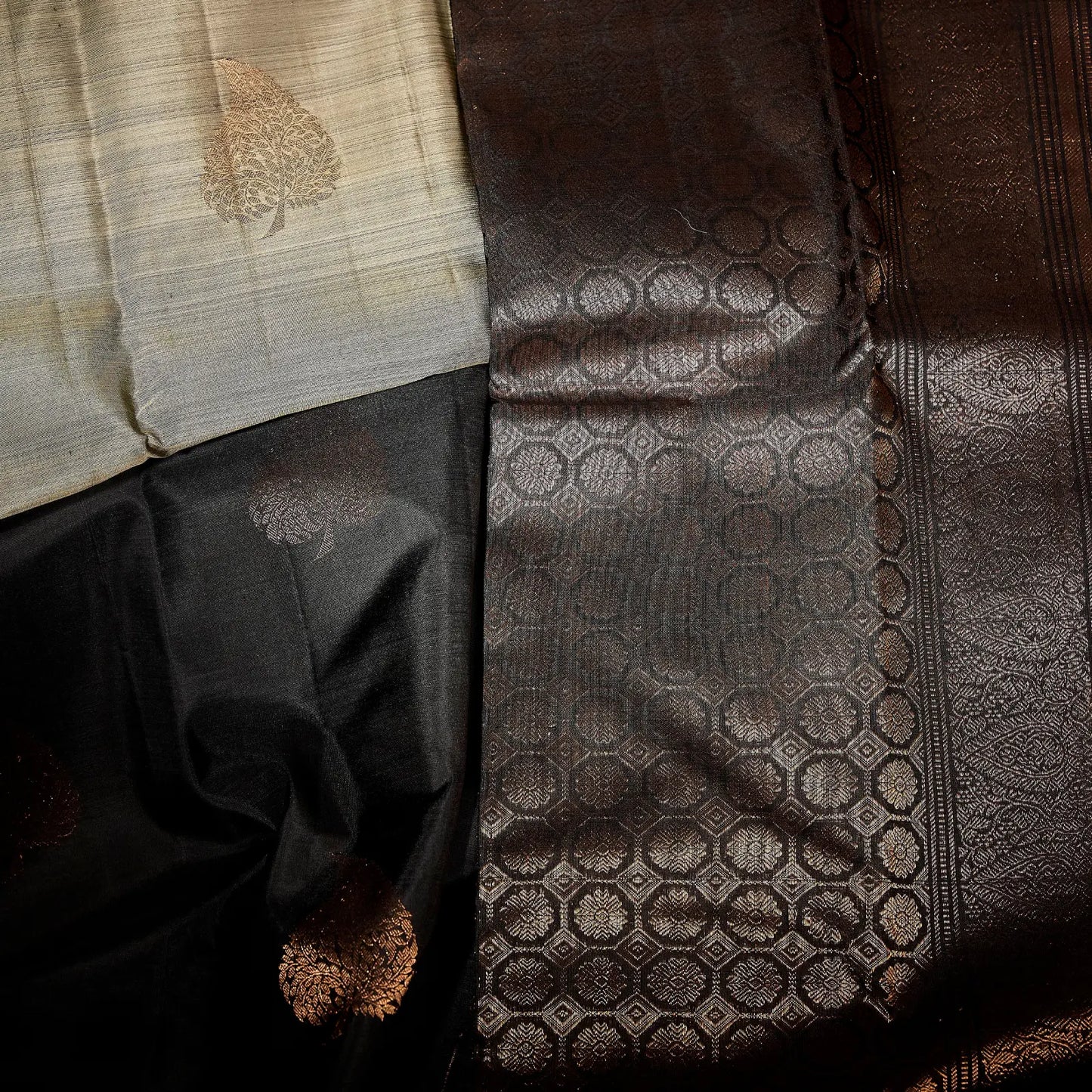 Noir Vasantham classic black Kanchivaram silk saree with antique gold zari geometric border and leaf motif pallu – Ethereal Weaves UAE