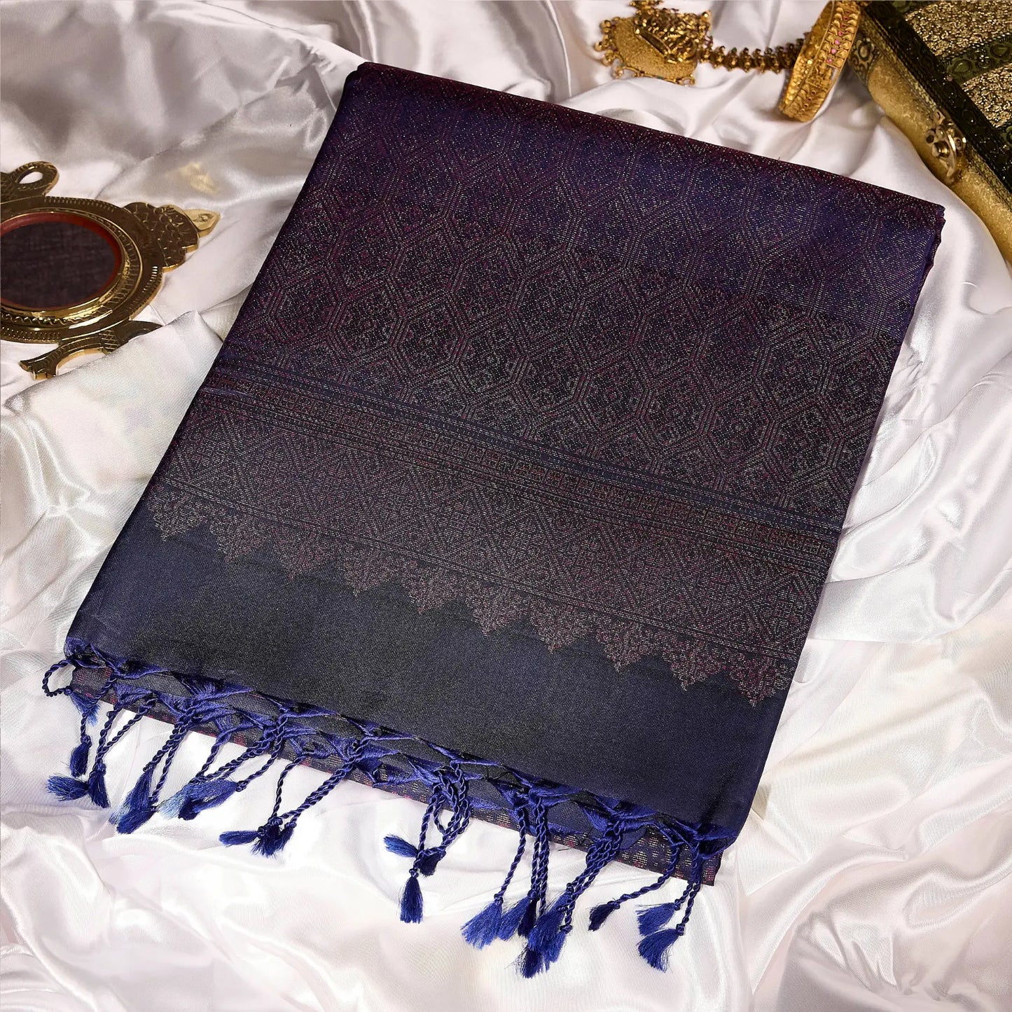 Rajvini navy blue Kanchivaram silk saree with antique copper zari geometric border and pallu – Ethereal Weaves UAE.