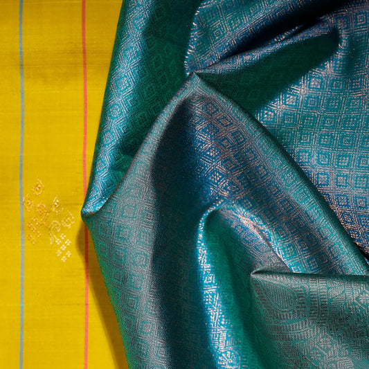 Surya Mayil mustard gold and teal blue Kanchivaram silk saree with zari stripe motifs and contrast pallu – Ethereal Weaves UAE