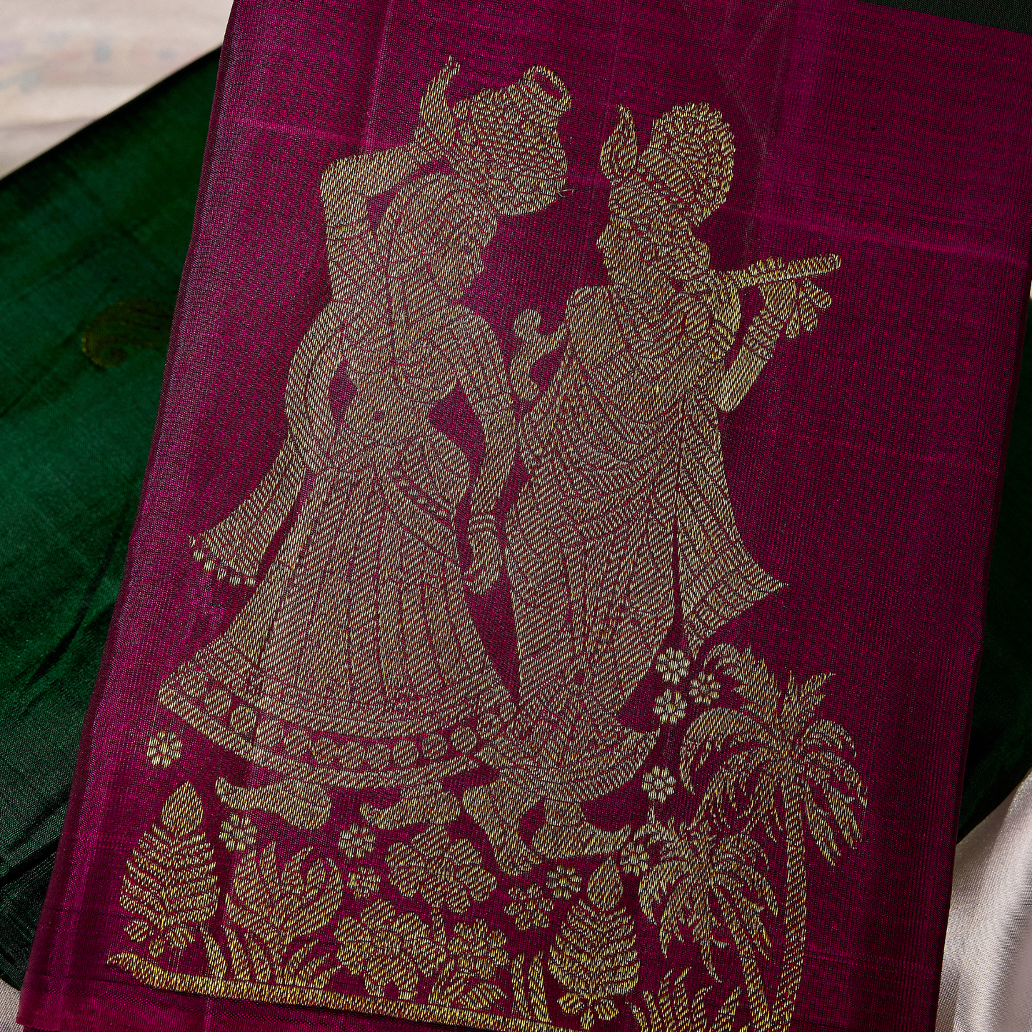 Vaidehi magenta and emerald green Kanchivaram silk saree with Radha Krishna antique gold zari motifs – wedding saree UAE