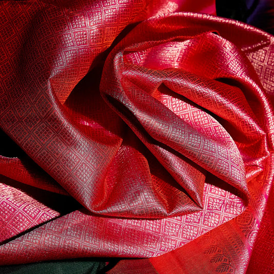 Vanam Ruby forest green and ruby pink Kanchivaram silk saree with intricate floral zari motifs and geometric pallu – saree UAE