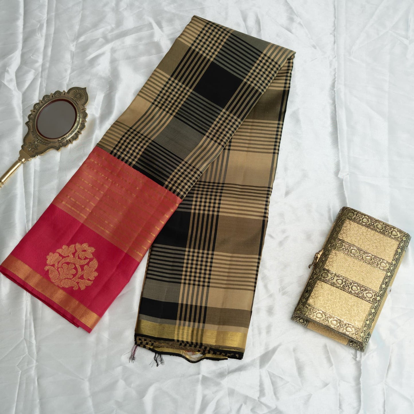 Regal Tartan Kanchivaram Silk Saree I Pure Silk I Ethereal Weaves UAE