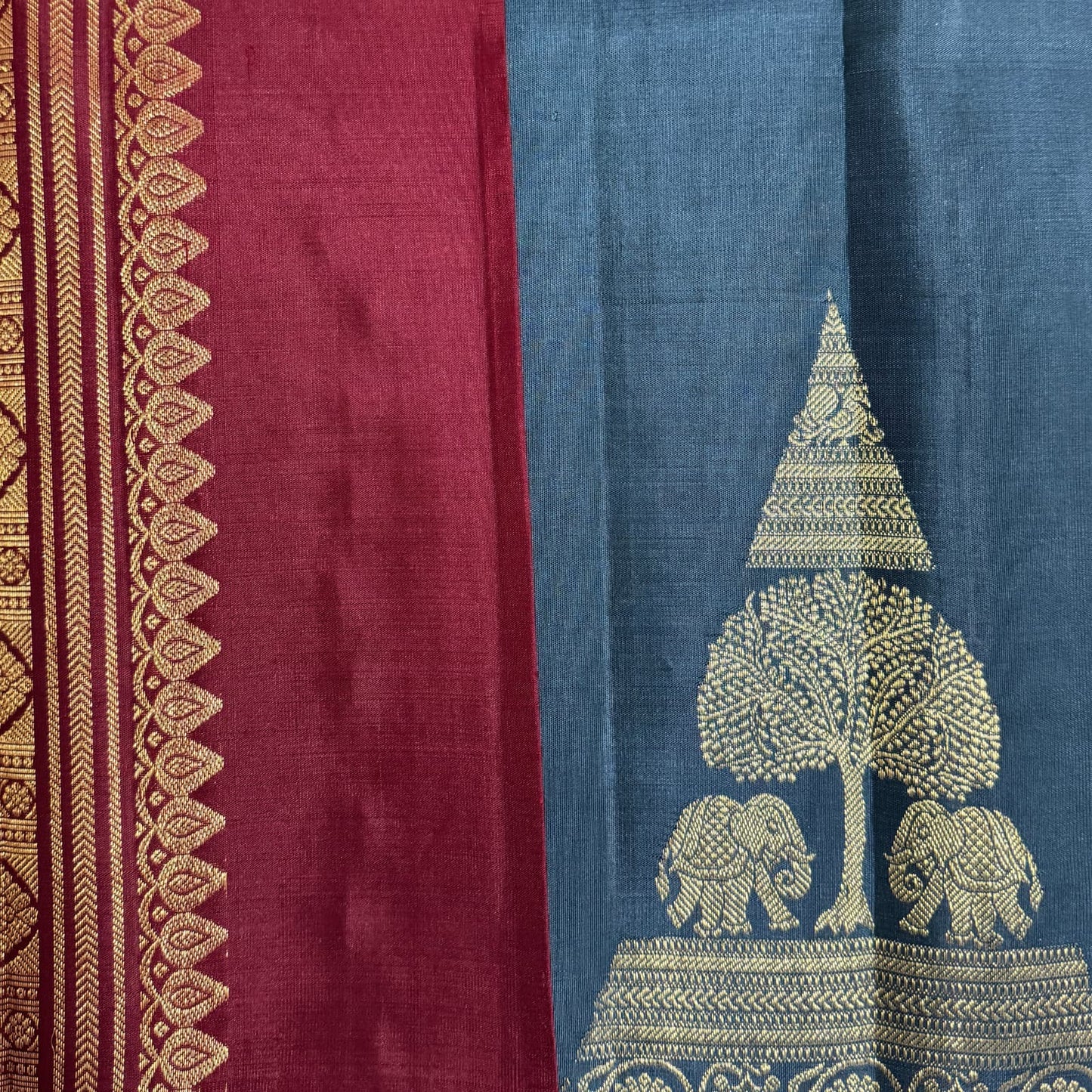 Gaja Gopuram Korvai Kanchipuram Silk Saree I Pure Silk I Ethereal Weaves UAE