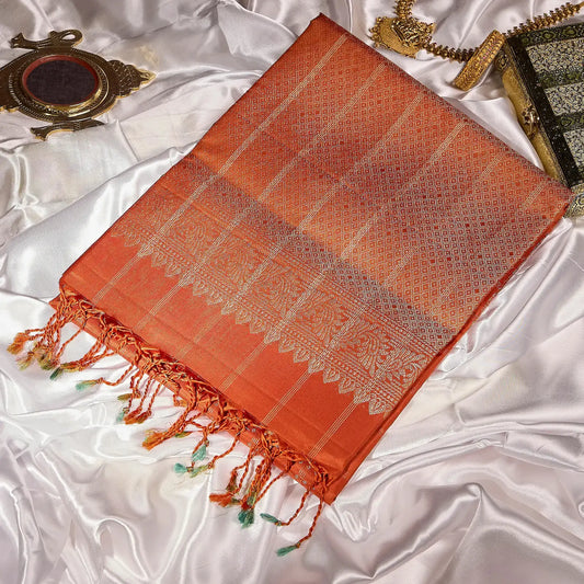 Aarunya burnt orange Kanchivaram silk saree with gold zari geometric patterns and elegant tassels – festive saree UAE