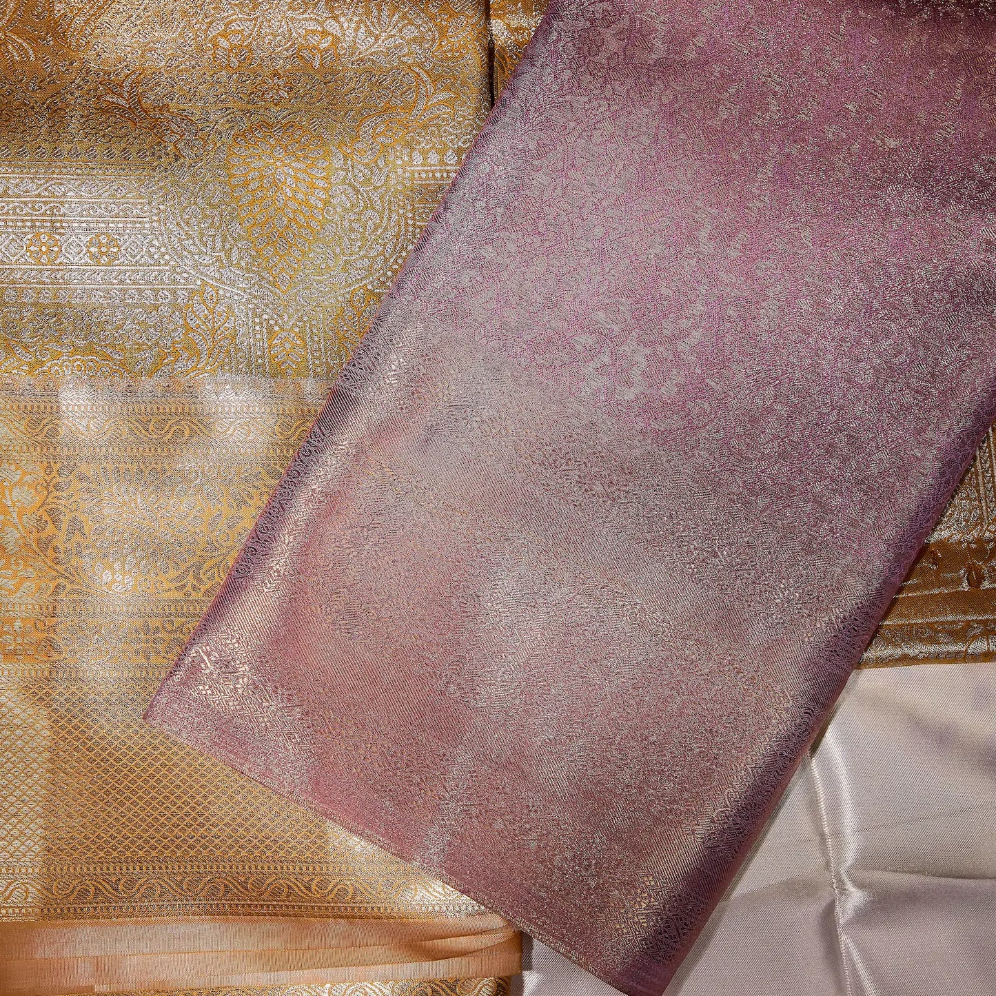 Mrunalini blush mauve Kanchivaram silk saree with delicate antique gold zari floral motifs – wedding saree UAE