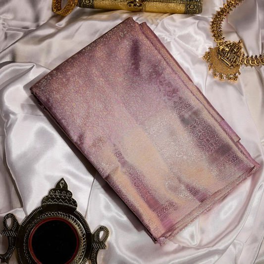 Mrunalini blush mauve Kanchivaram silk saree with delicate antique gold zari floral motifs – wedding saree UAE