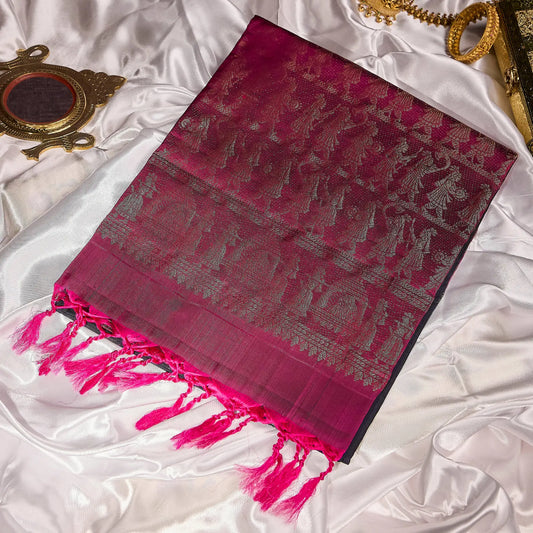 Paalki black and rani pink Kanchivaram silk saree with palanquin-inspired antique gold zari motifs and tassel detailing – bridal saree UAE