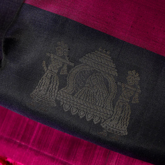 Paalki black and rani pink Kanchivaram silk saree with palanquin-inspired antique gold zari motifs and tassel detailing – bridal saree UAE