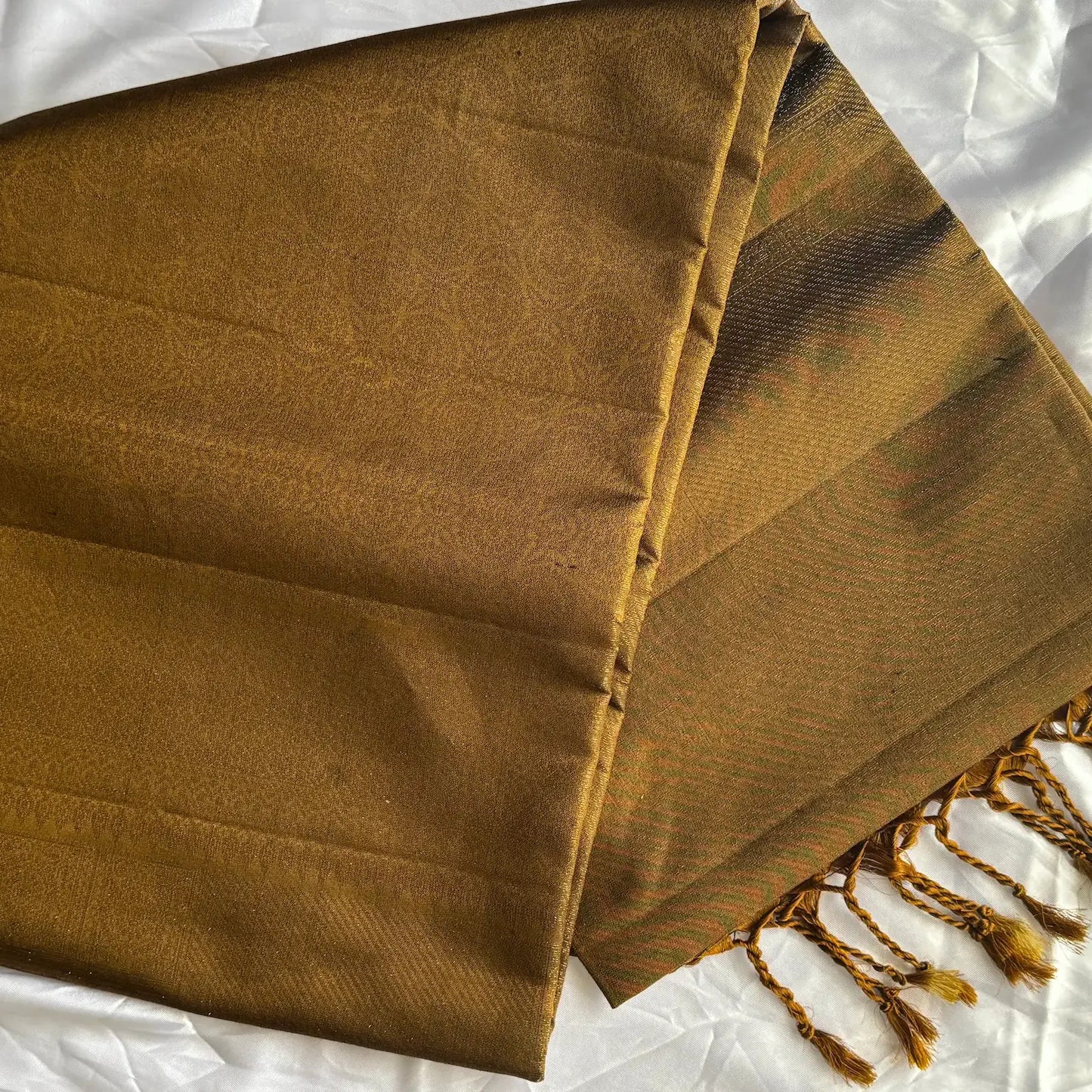 Svarna Veil antique green gold Kanchivaram silk saree with self-woven jacquard motifs and handcrafted tassels – Ethereal Weaves UAE