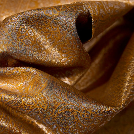 Svarnika mustard gold Kanchivaram silk saree with intricate floral zari weaving – bridal saree UAE