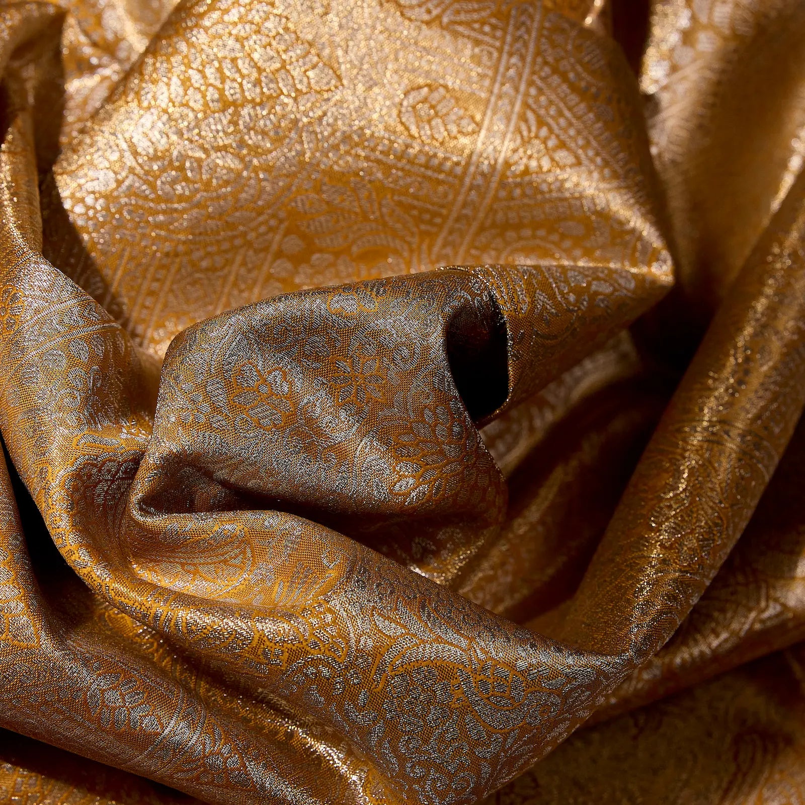 Svarnika mustard gold Kanchivaram silk saree with intricate floral zari weaving – bridal saree UAE
