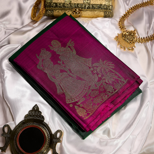 Vaidehi magenta and emerald green Kanchivaram silk saree with Radha Krishna antique gold zari motifs – wedding saree UAE
