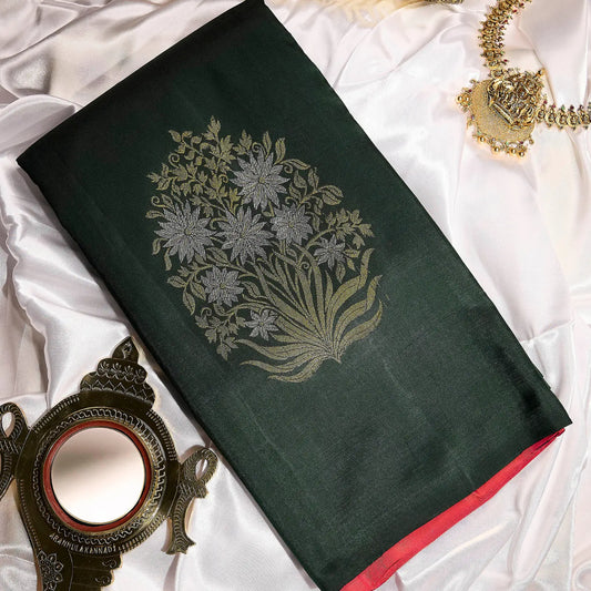 Vanam Ruby forest green and ruby pink Kanchivaram silk saree with intricate floral zari motifs and geometric pallu – saree UAE