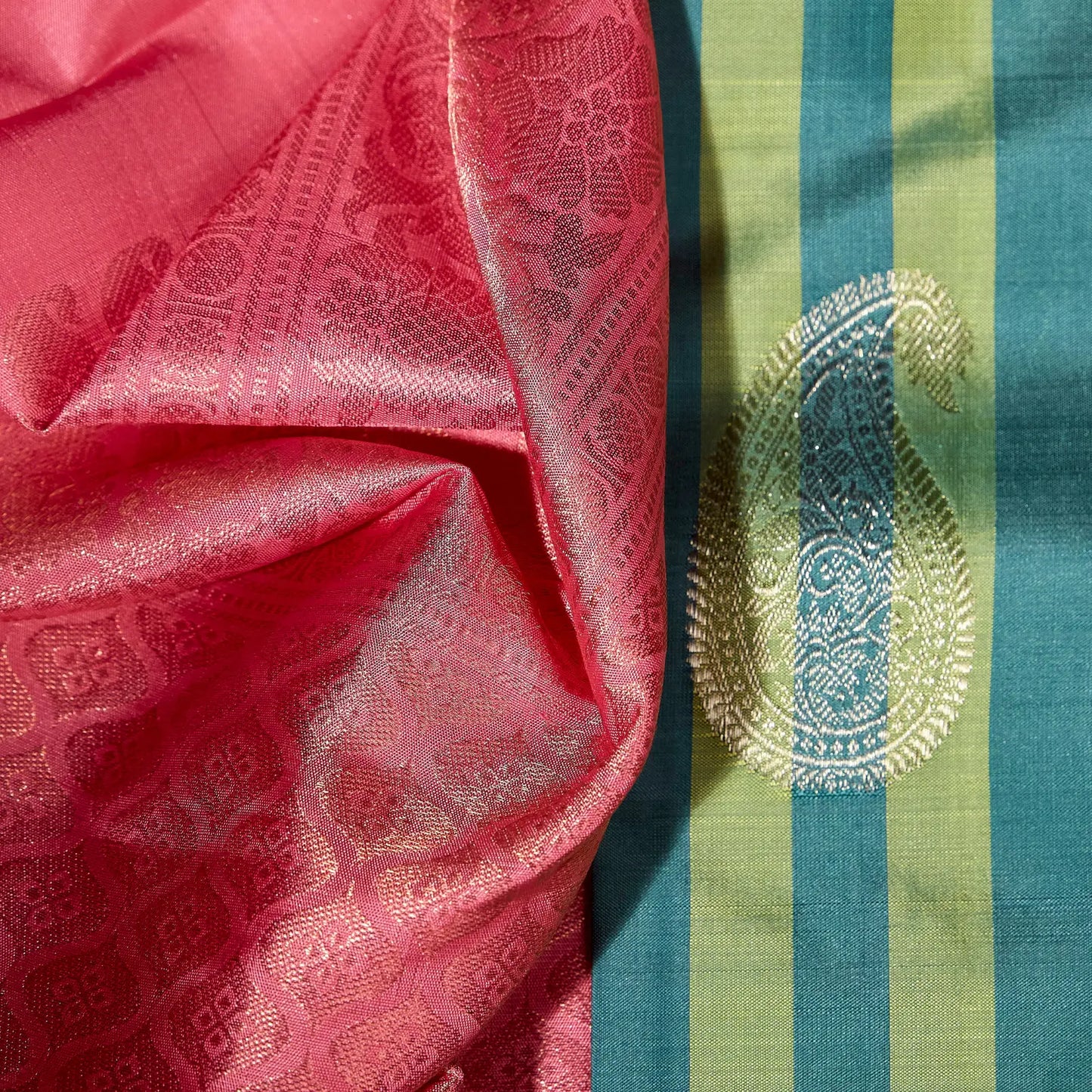 Emerald Varnam teal blue sage green and rose pink Kanchivaram silk saree with zari paisley motifs and contrast pallu – Ethereal Weaves UAE