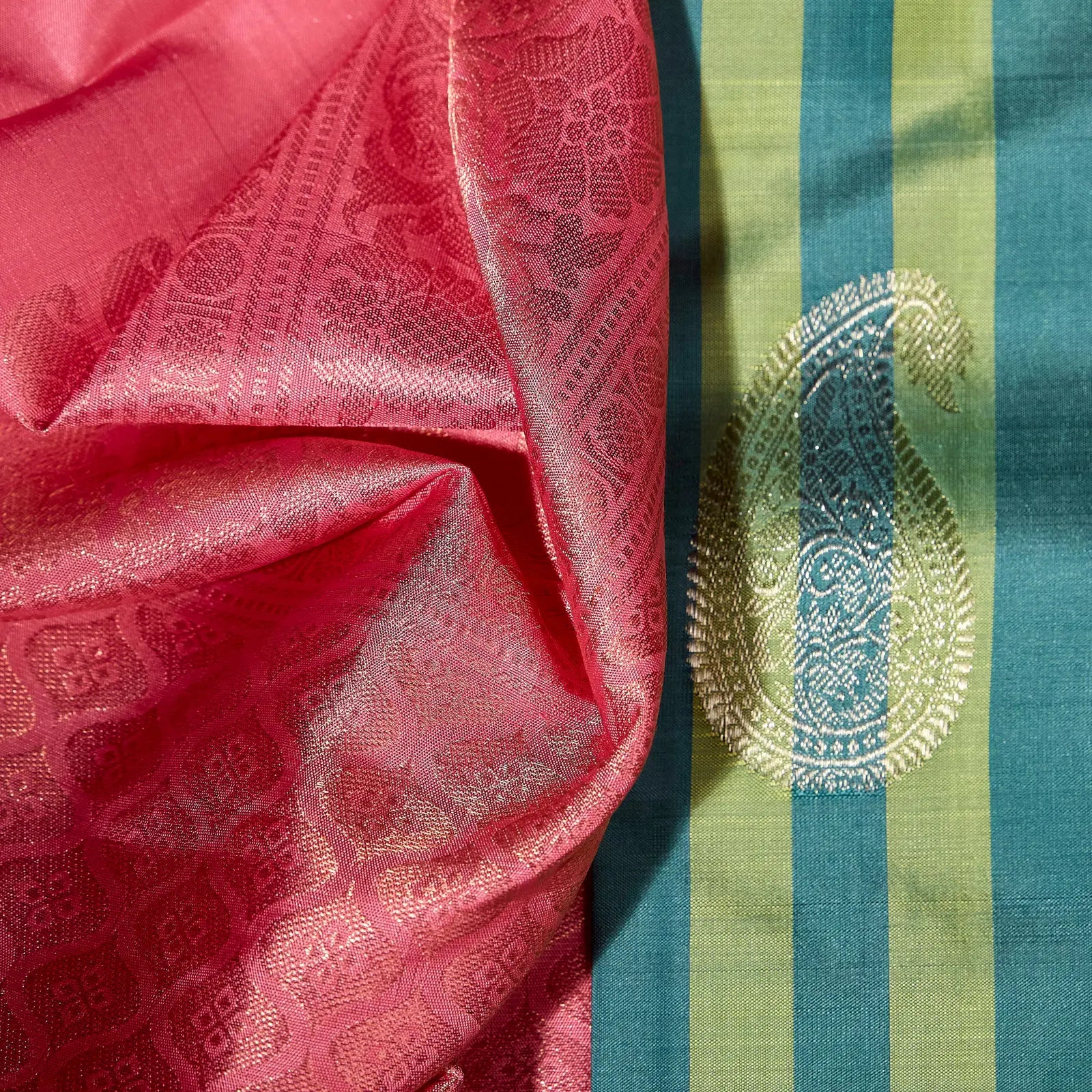 Emerald Varnam teal blue sage green and rose pink Kanchivaram silk saree with zari paisley motifs and contrast pallu – Ethereal Weaves UAE