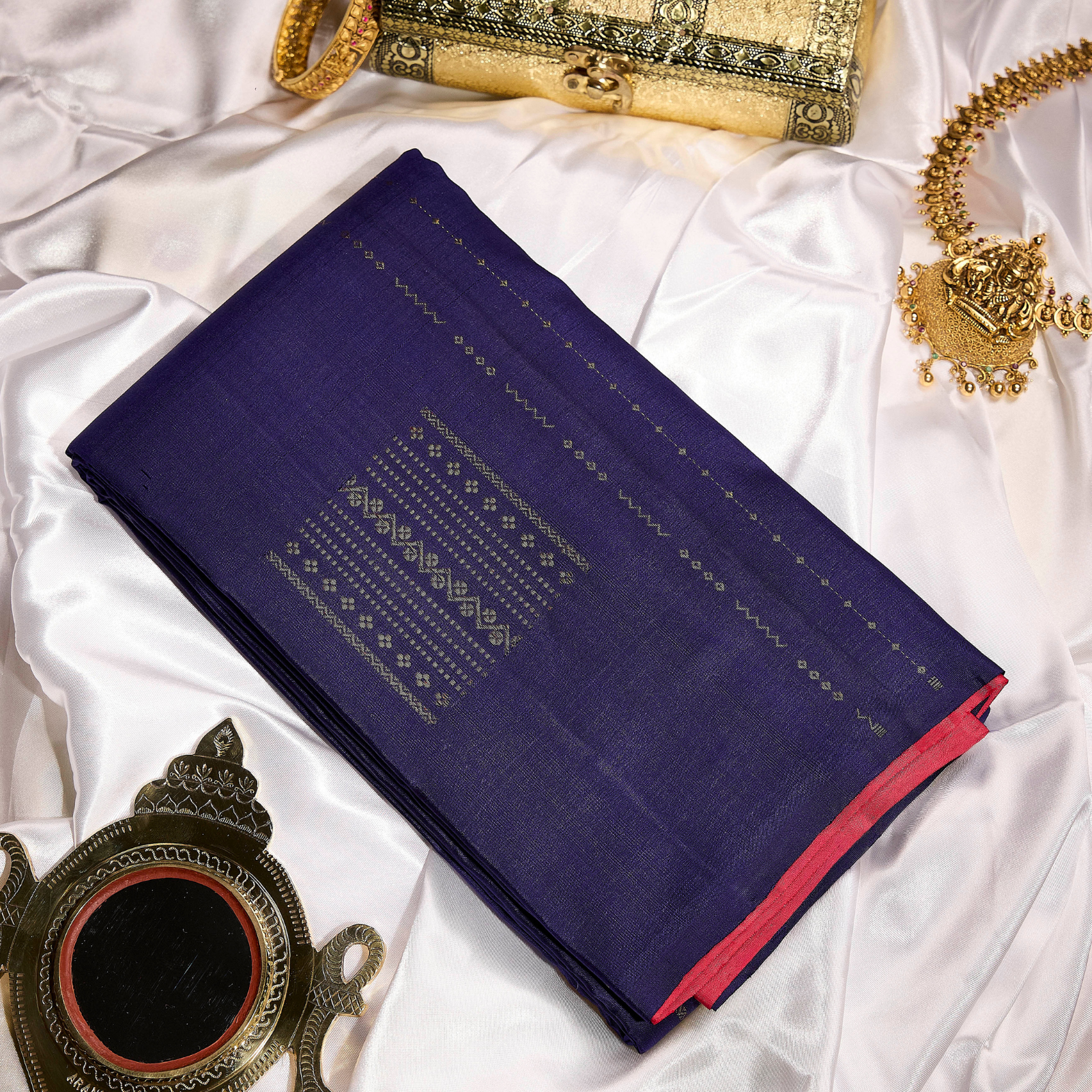 Indira Raga indigo blue and rani pink Kanchivaram silk saree with fine geometric zari motifs and richly patterned pallu – bridal saree UAE