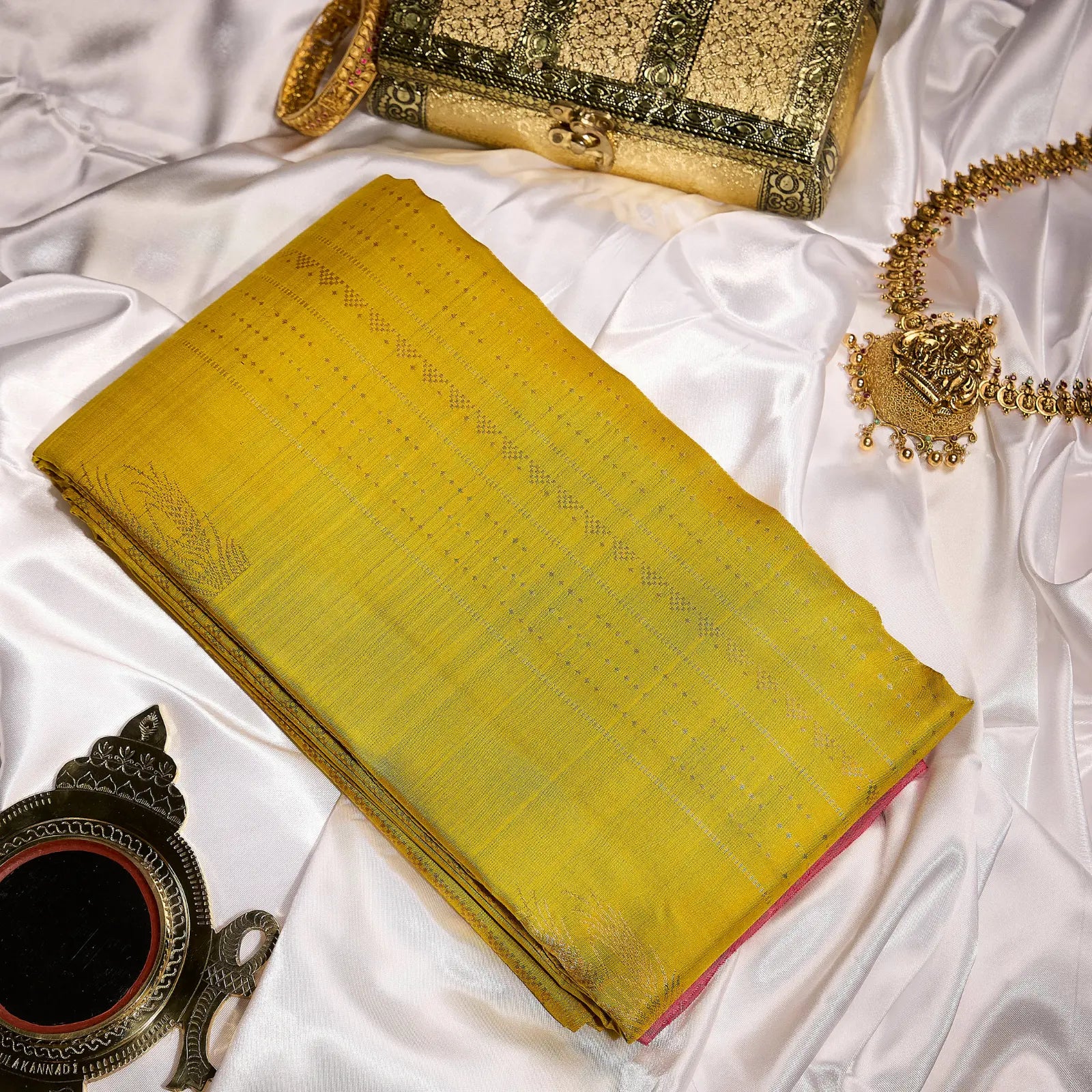 Kanaka Rani mustard gold and ruby pink Kanchivaram silk saree with fine zari motifs and contrast pallu – Ethereal Weaves UAE
 