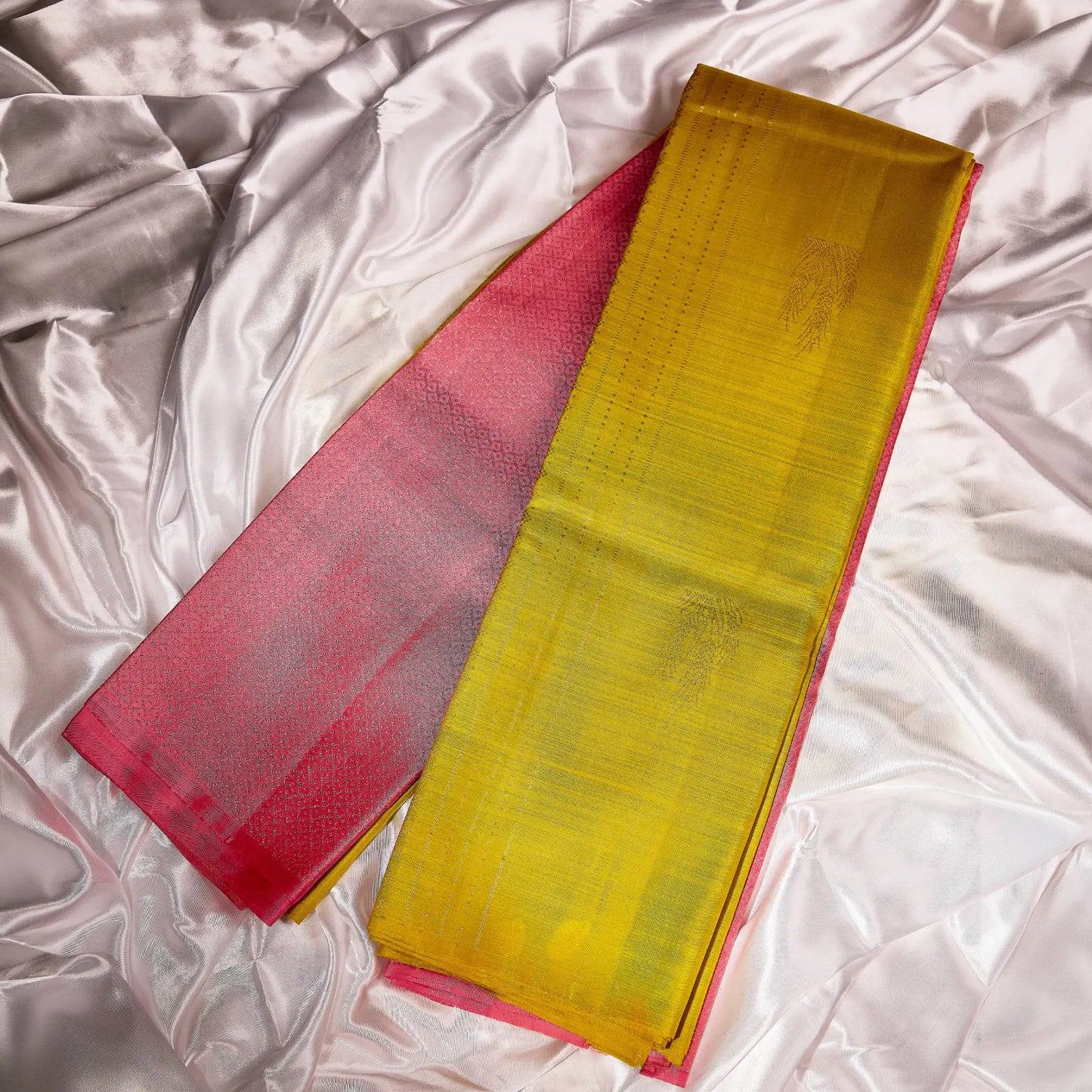 Kanaka Rani mustard gold and ruby pink Kanchivaram silk saree with fine zari motifs and contrast pallu – Ethereal Weaves UAE
 
