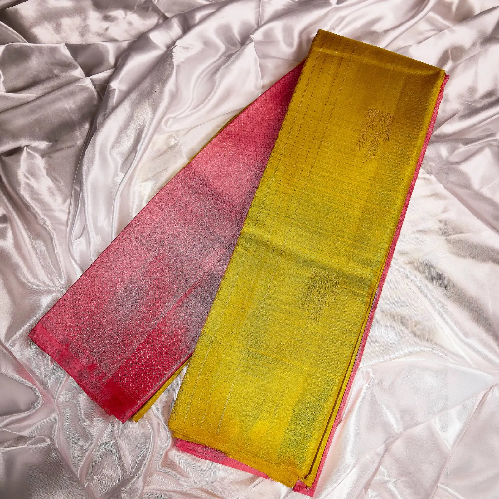 Kanaka Rani mustard gold and ruby pink Kanchivaram silk saree with fine zari motifs and contrast pallu – Ethereal Weaves UAE
 