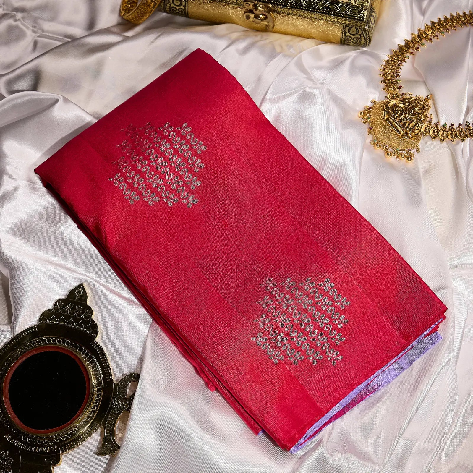 Lilac Lavanya lavender purple and ruby red Kanchivaram silk saree with silver zari and tassel detailing – Ethereal Weaves UAE.