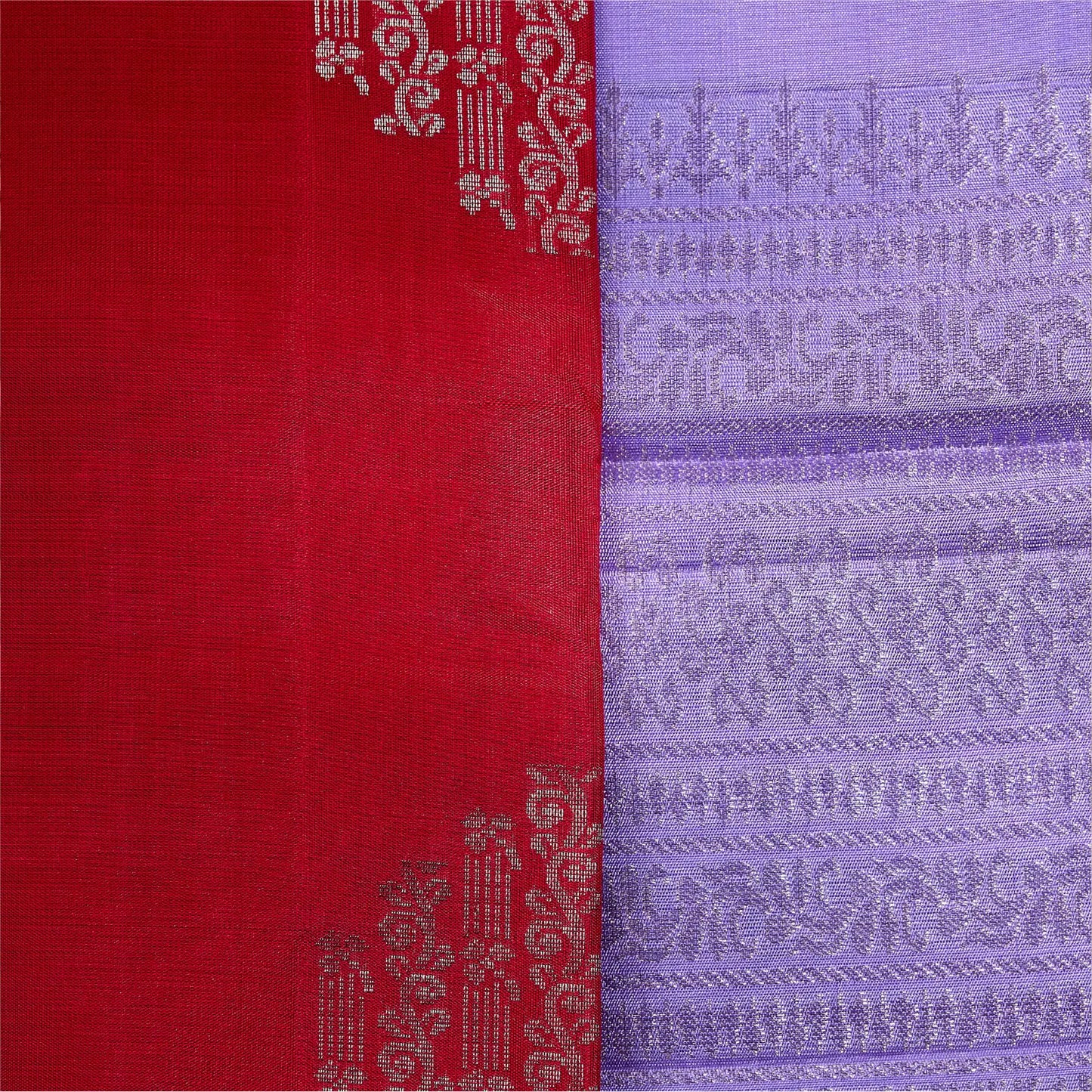 Lilac Lavanya lavender purple and ruby red Kanchivaram silk saree with silver zari and tassel detailing – Ethereal Weaves UAE.