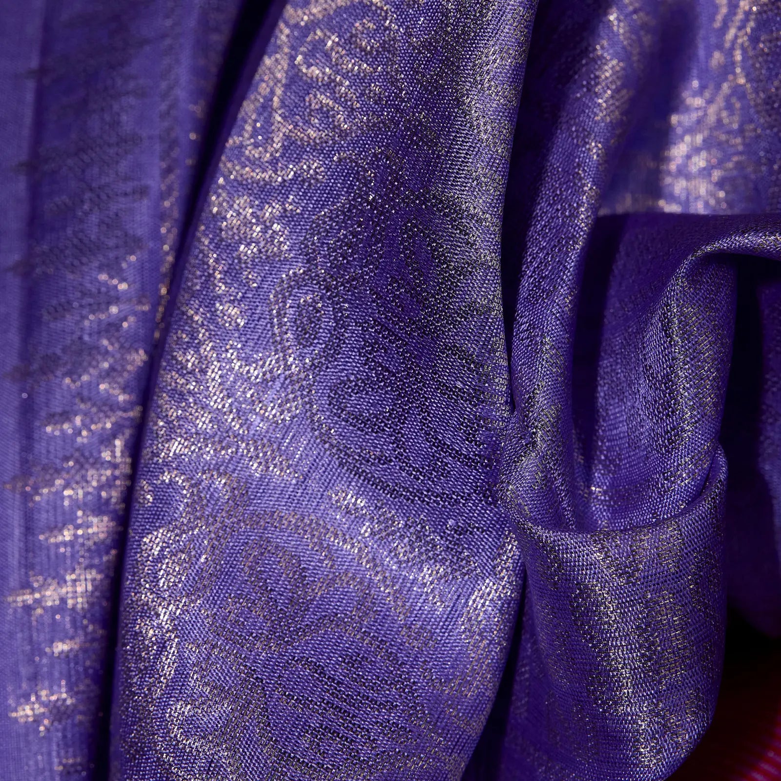 Lilac Lavanya lavender purple and ruby red Kanchivaram silk saree with silver zari and tassel detailing – Ethereal Weaves UAE.