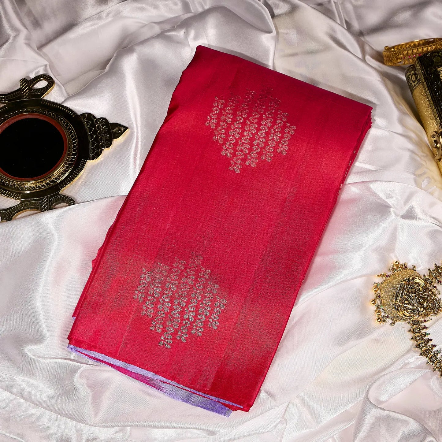 Lilac Lavanya lavender purple and ruby red Kanchivaram silk saree with silver zari and tassel detailing – Ethereal Weaves UAE.