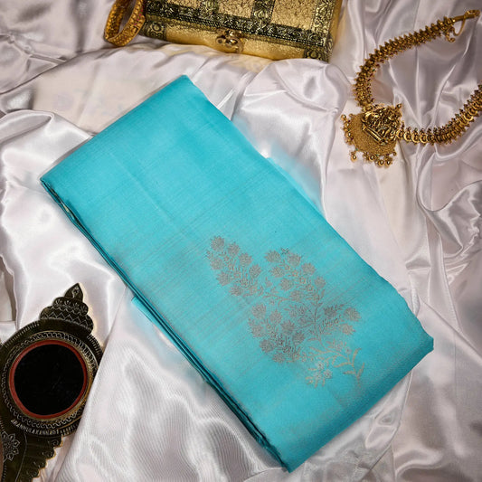 Neelambari Veda aqua blue Kanchivaram silk saree with elegant silver floral zari motifs and soft lustrous sheen – festive saree UAE