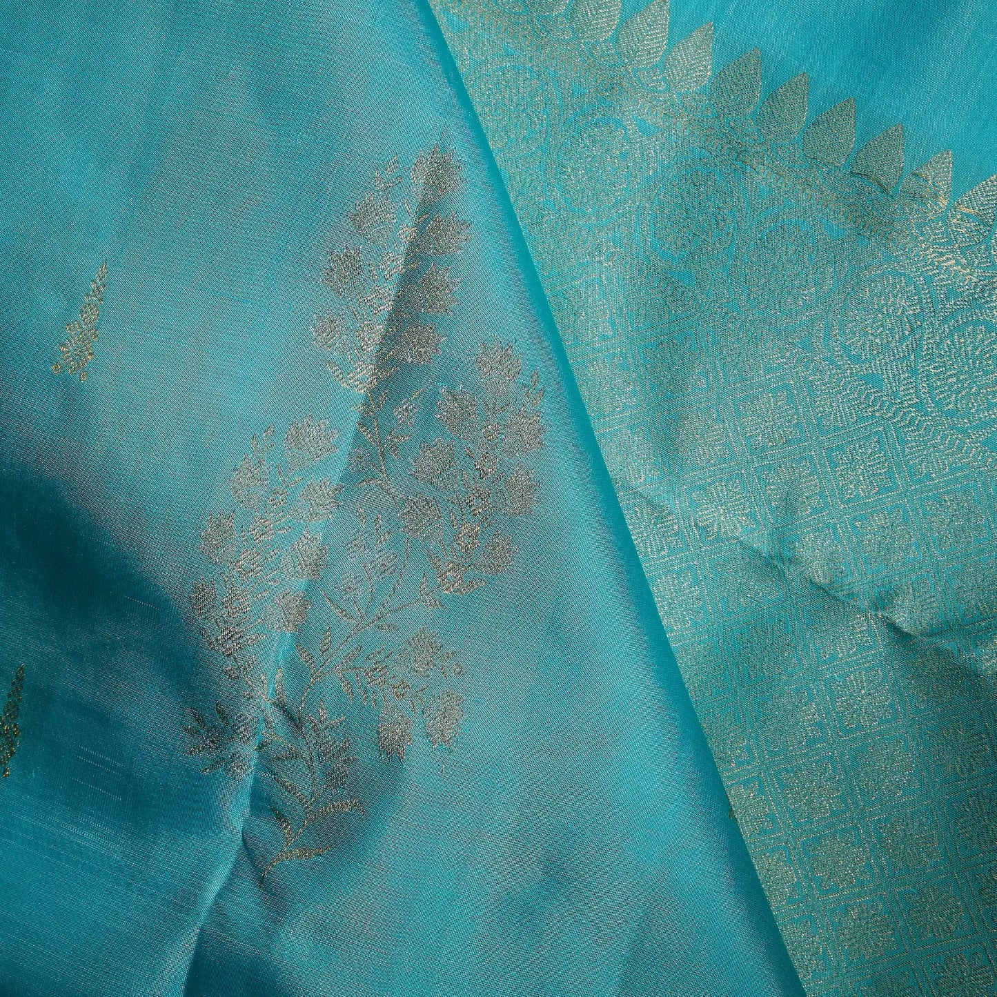 Neelambari Veda aqua blue Kanchivaram silk saree with elegant silver floral zari motifs and soft lustrous sheen – festive saree UAE
