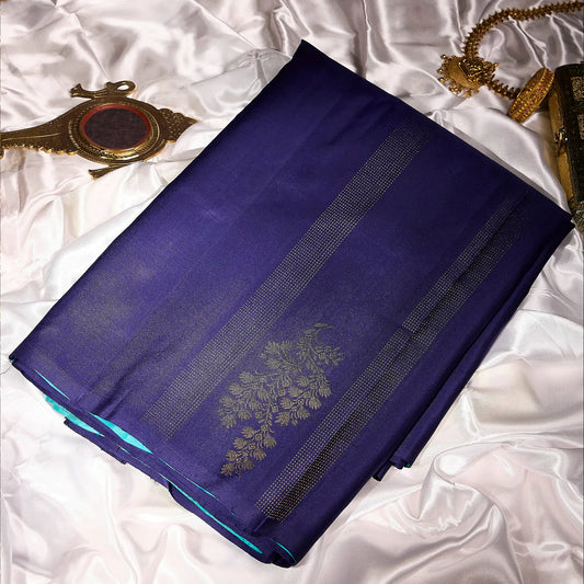 Neelvastra royal and sea blue Kanchivaram silk saree with antique gold zari floral border – Ethereal Weaves UAE