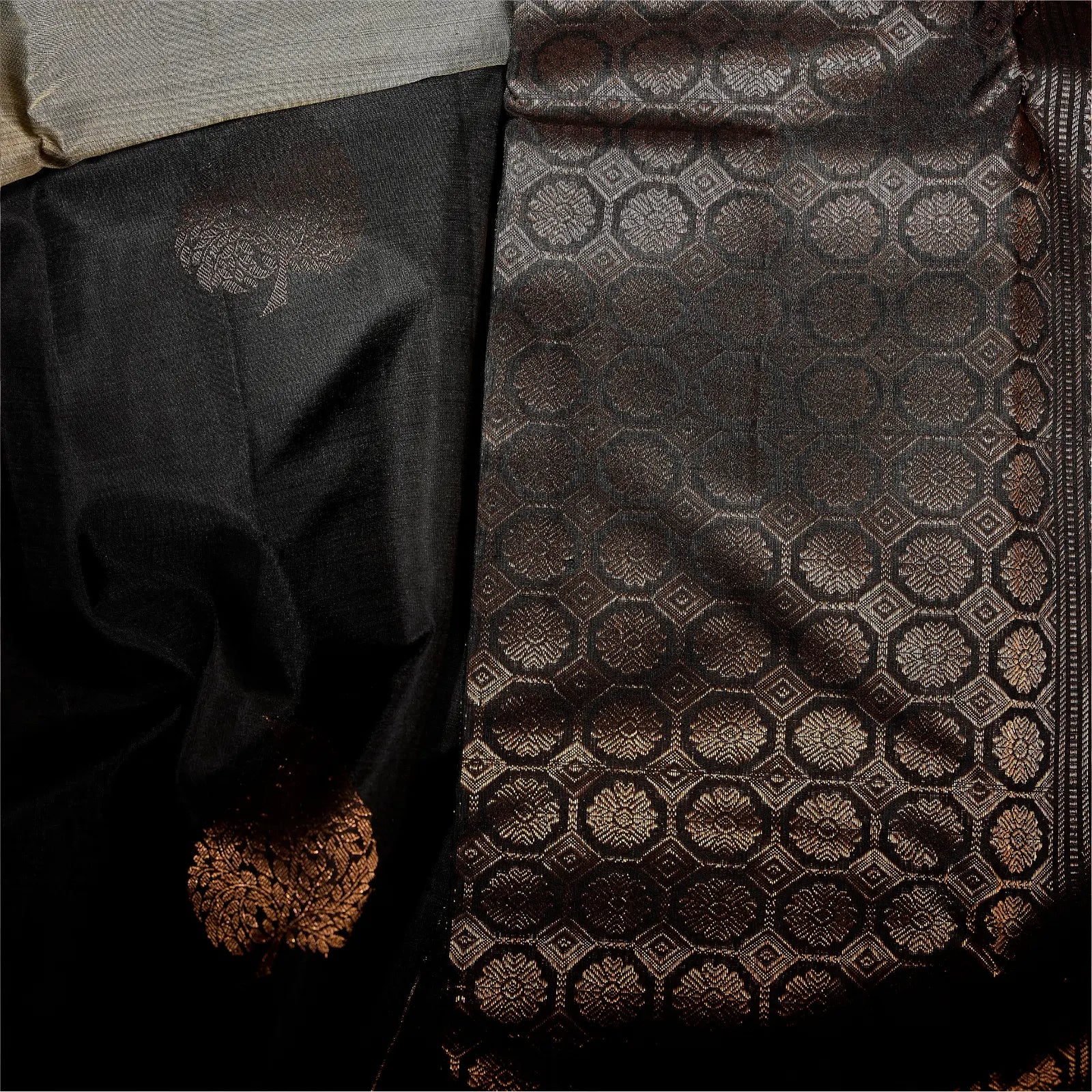 Noir Vasantham classic black Kanchivaram silk saree with antique gold zari geometric border and leaf motif pallu – Ethereal Weaves UAE

