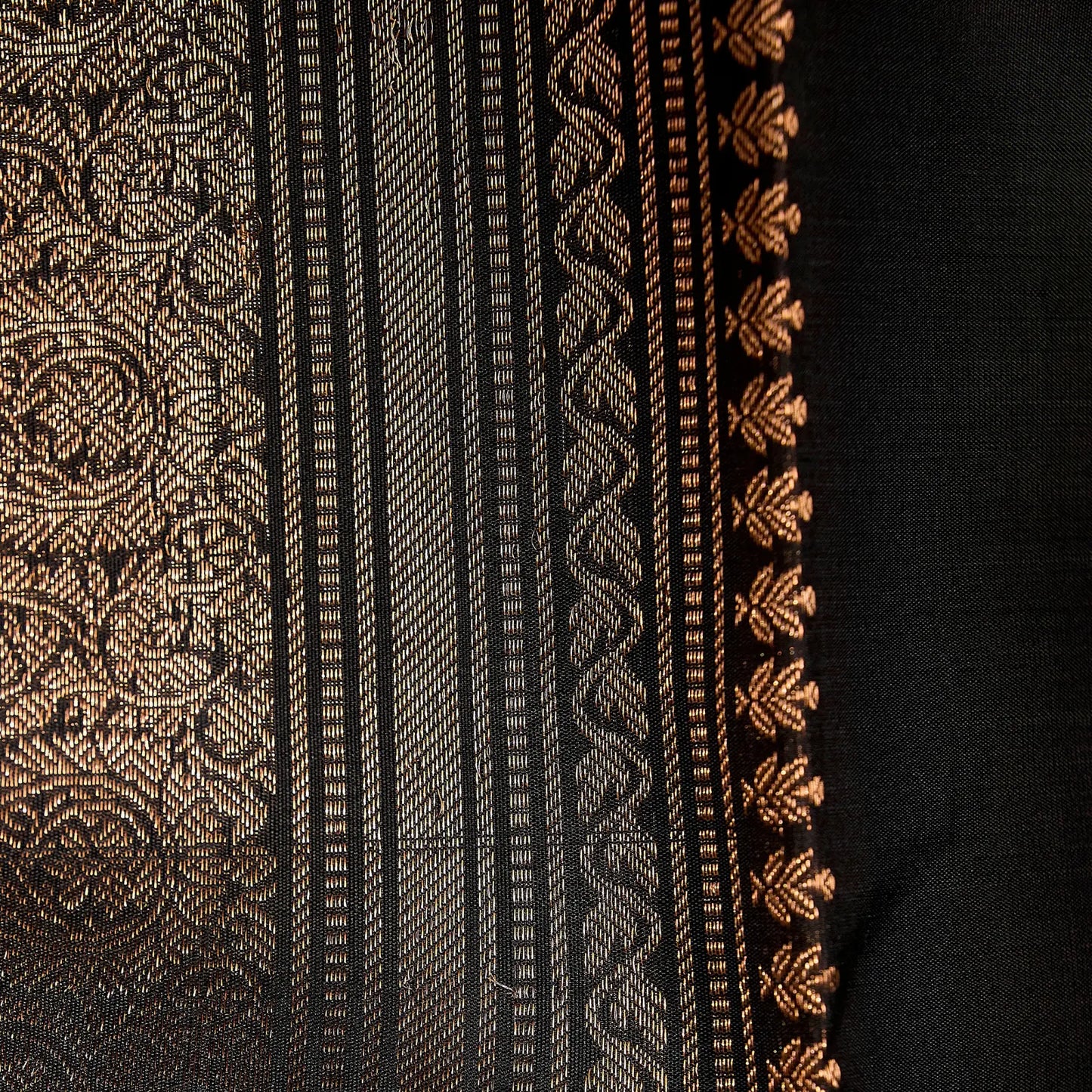 Noir Vasantham classic black Kanchivaram silk saree with antique gold zari geometric border and leaf motif pallu – Ethereal Weaves UAE
