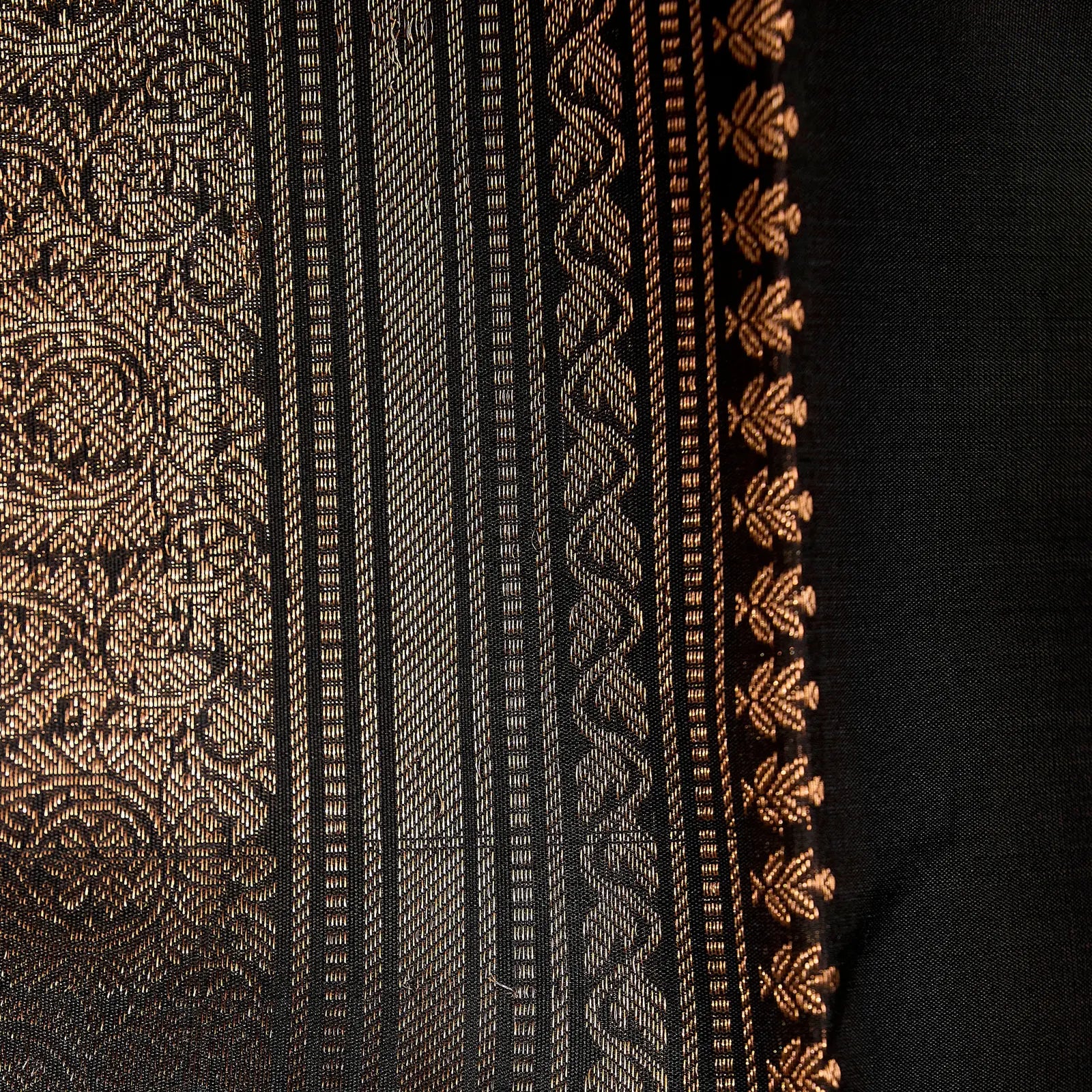 Noir Vasantham classic black Kanchivaram silk saree with antique gold zari geometric border and leaf motif pallu – Ethereal Weaves UAE
