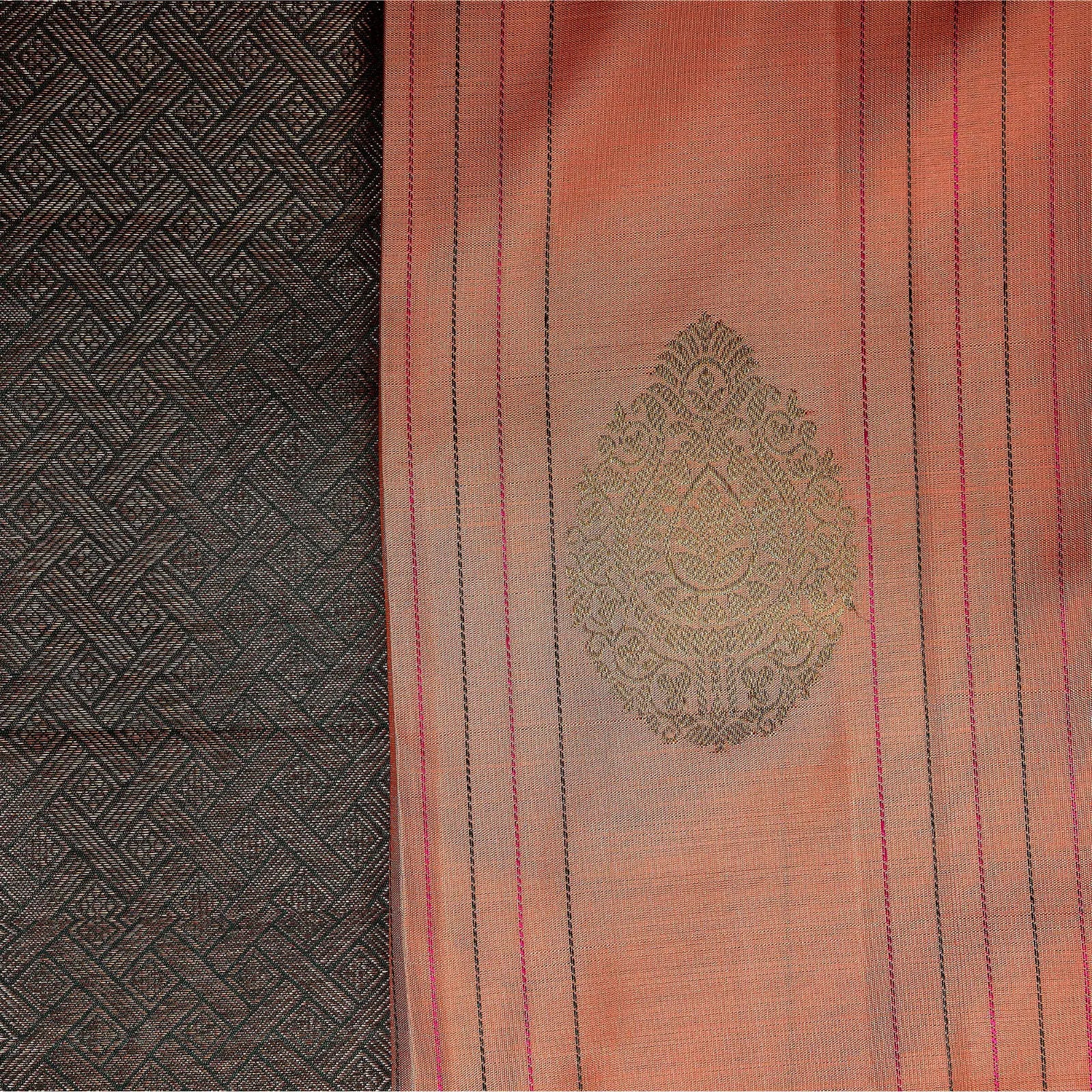 Pehrika peach Kanchivaram silk saree with gold zari stripes and copper-tinted bottle green contrast pallu – festive saree UAE