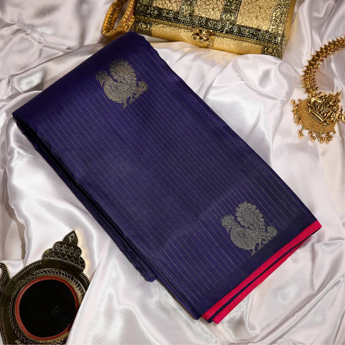 Raga Neelambari royal violet and rani pink Kanchivaram silk saree with zari pinstripe and contrast pallu – Ethereal Weaves UAE
