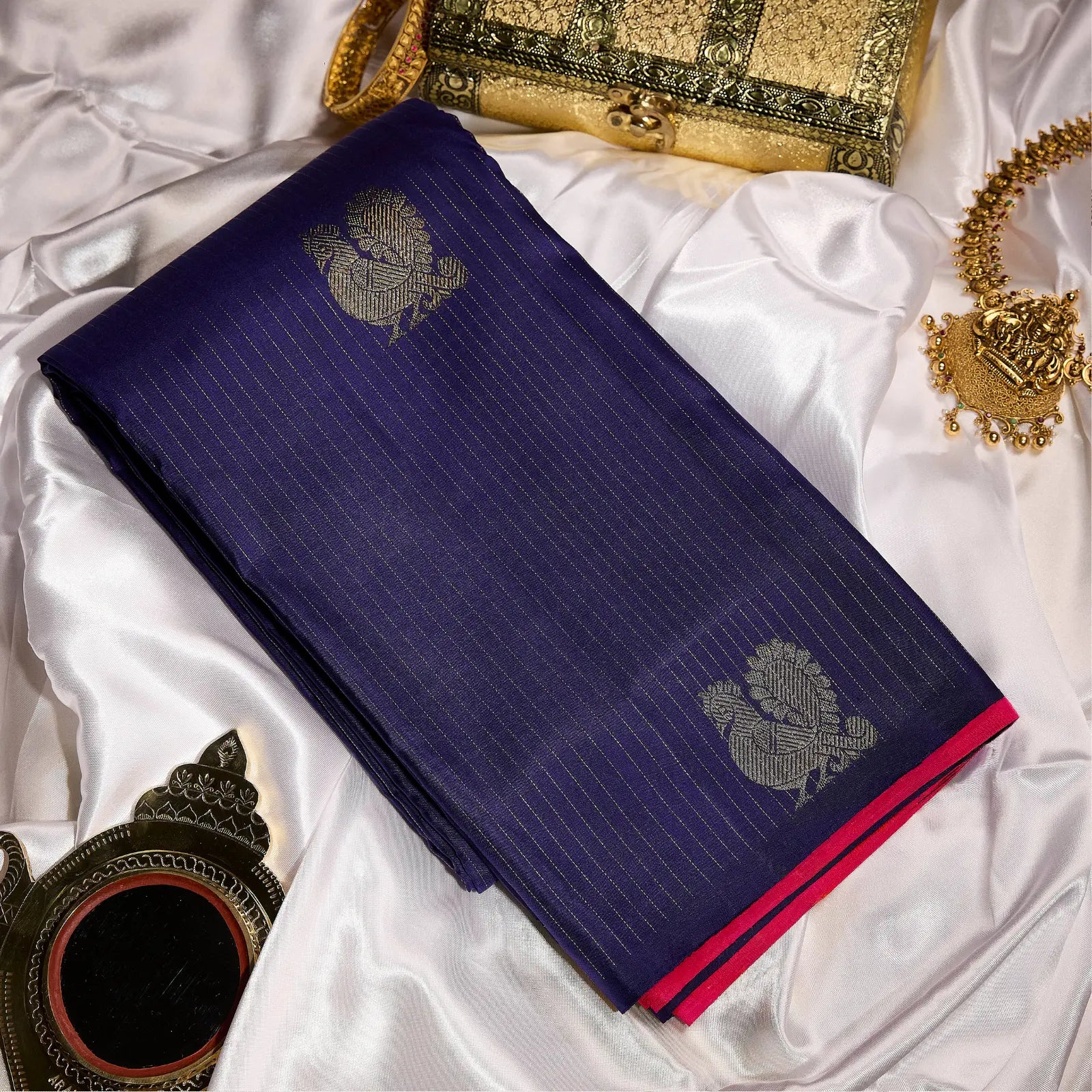 Raga Neelambari royal violet and rani pink Kanchivaram silk saree with zari pinstripe and contrast pallu – Ethereal Weaves UAE
