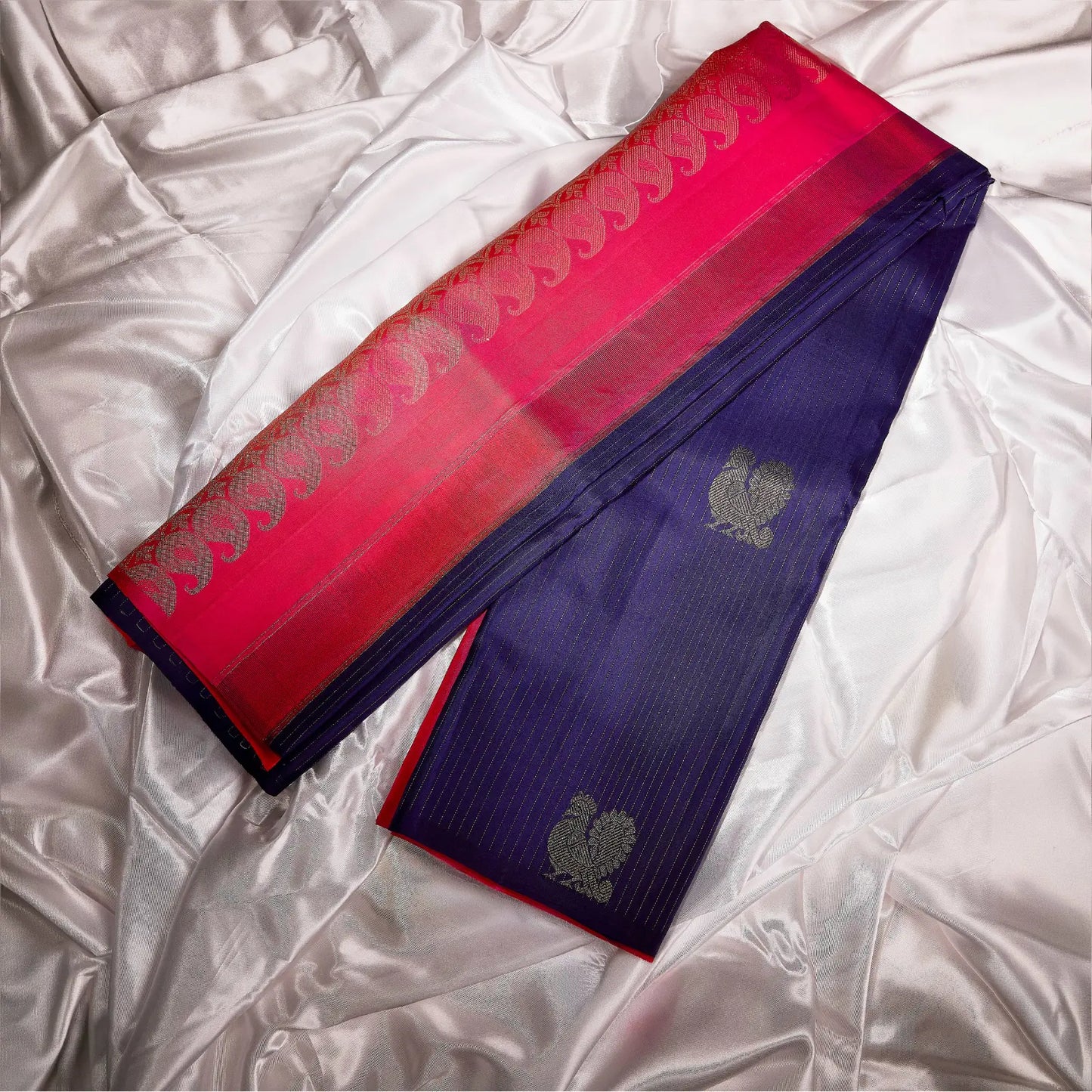 Raga Neelambari royal violet and rani pink Kanchivaram silk saree with zari pinstripe and contrast pallu – Ethereal Weaves UAE
