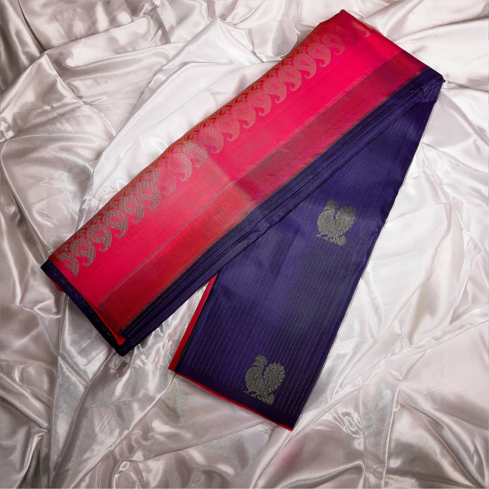 Raga Neelambari royal violet and rani pink Kanchivaram silk saree with zari pinstripe and contrast pallu – Ethereal Weaves UAE
