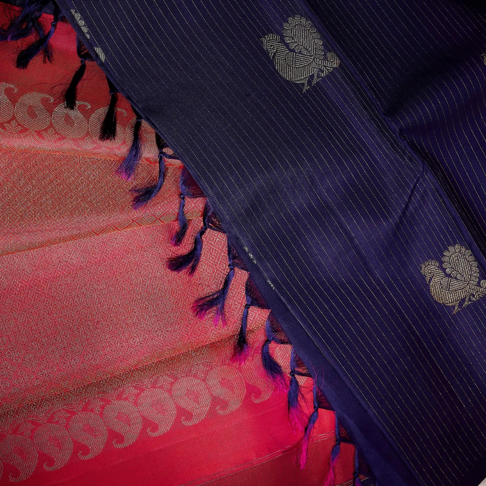 Raga Neelambari royal violet and rani pink Kanchivaram silk saree with zari pinstripe and contrast pallu – Ethereal Weaves UAE
