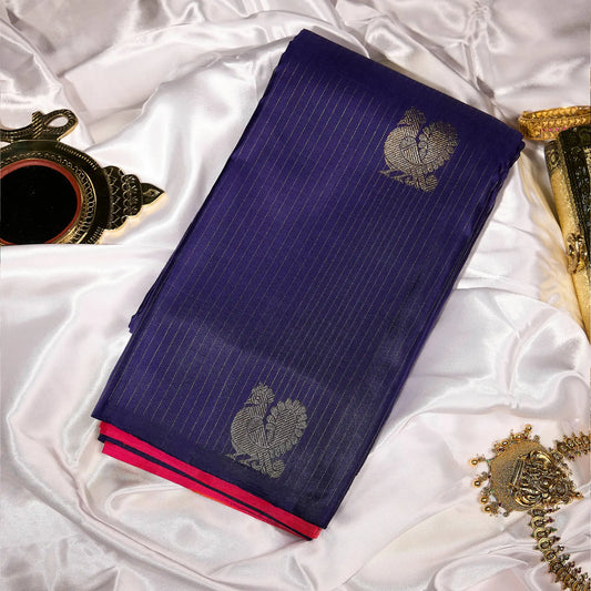 Raga Neelambari royal violet and rani pink Kanchivaram silk saree with zari pinstripe and contrast pallu – Ethereal Weaves UAE
