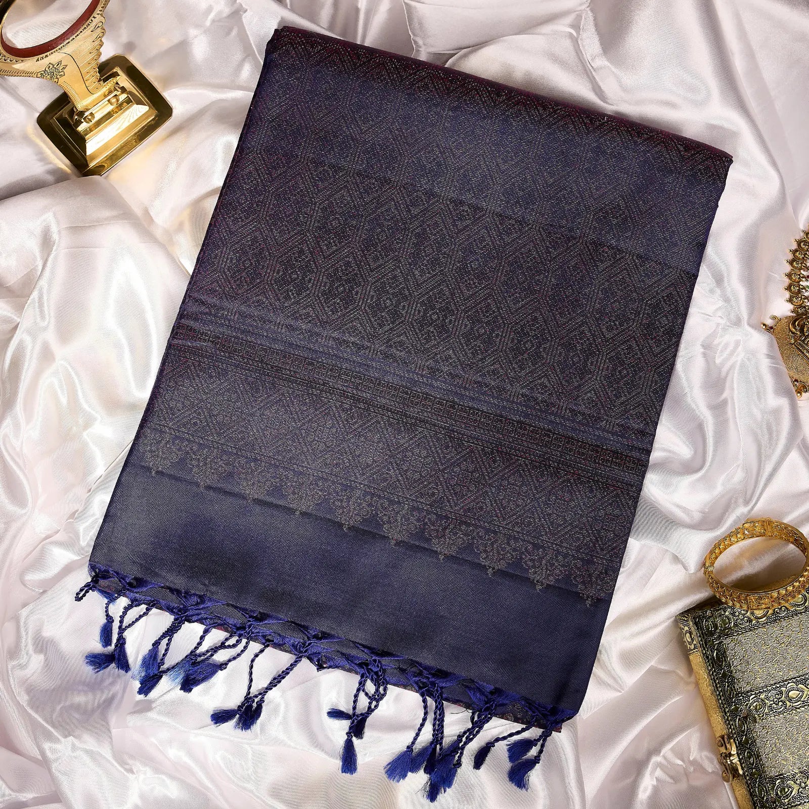 Rajvini navy blue Kanchivaram silk saree with antique copper zari geometric border    and pallu – Ethereal Weaves UAE.