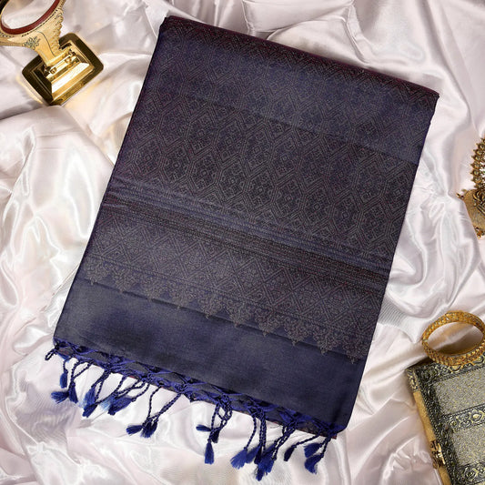 Rajvini navy blue Kanchivaram silk saree with antique copper zari geometric border    and pallu – Ethereal Weaves UAE.