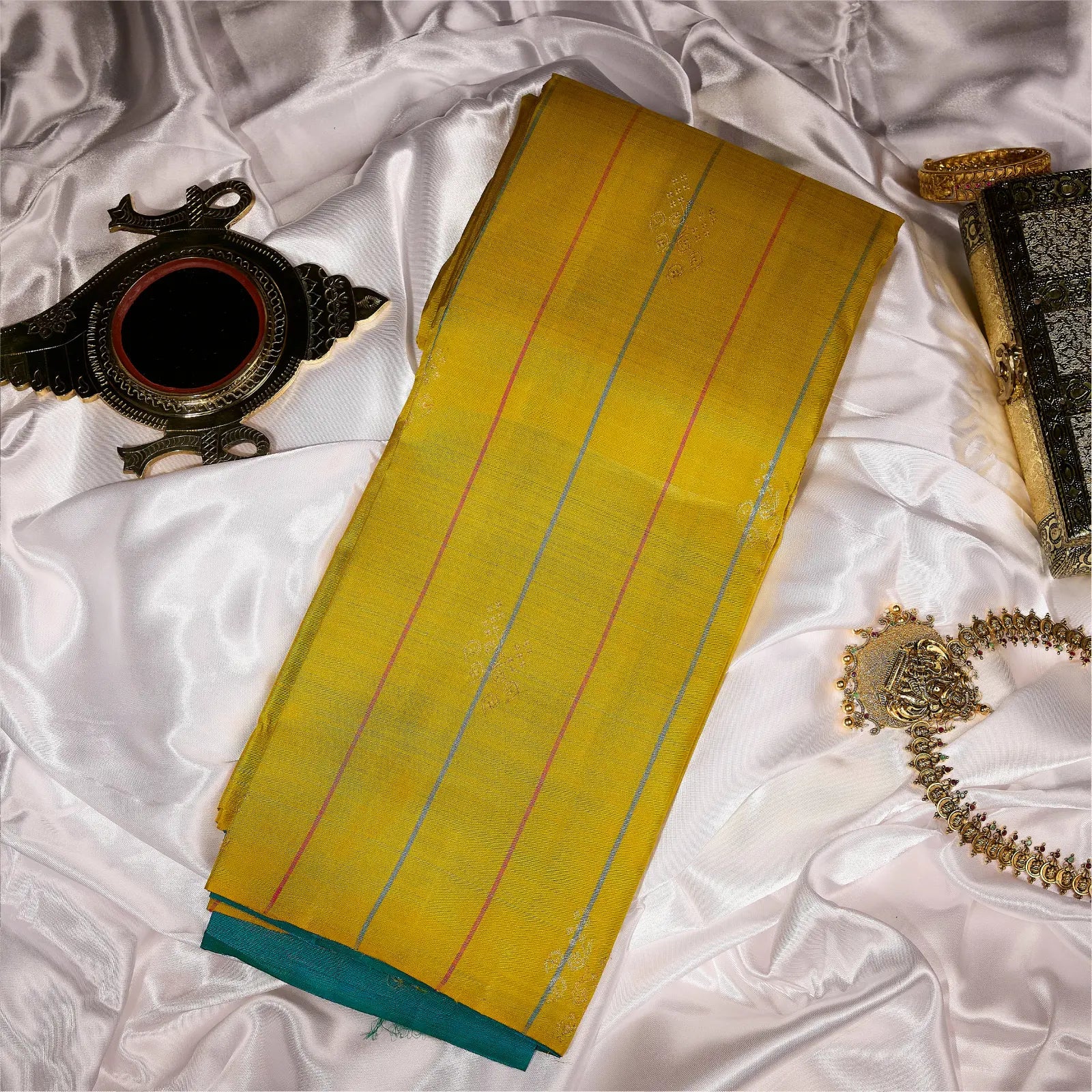 Surya Mayil mustard gold and teal blue Kanchivaram silk saree with zari stripe motifs and contrast pallu – Ethereal Weaves UAE
