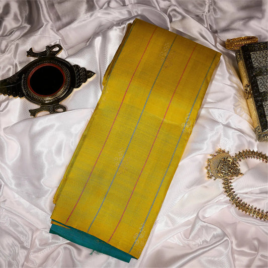 Surya Mayil mustard gold and teal blue Kanchivaram silk saree with zari stripe motifs and contrast pallu – Ethereal Weaves UAE
