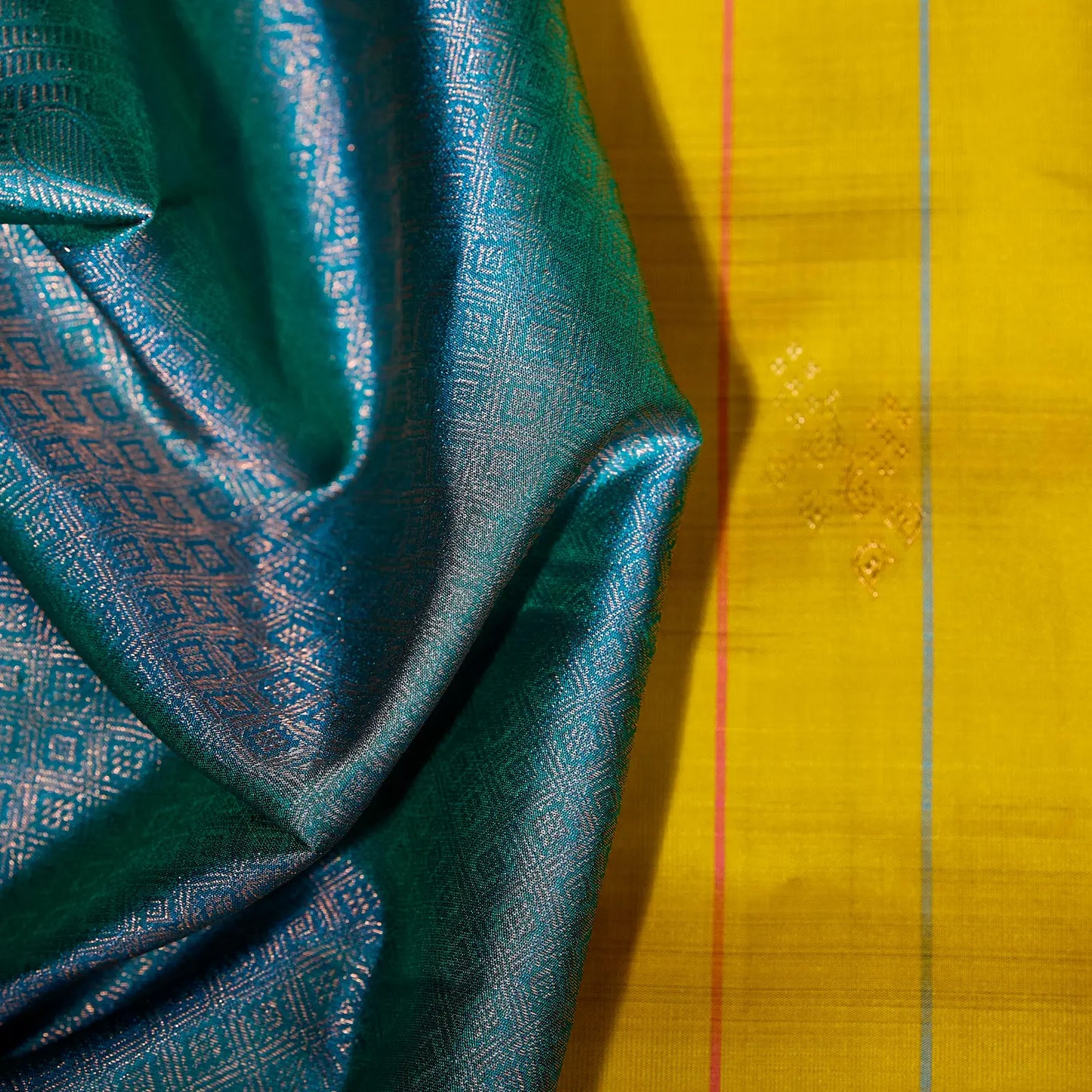 Surya Mayil mustard gold and teal blue Kanchivaram silk saree with zari stripe motifs and contrast pallu – Ethereal Weaves UAE
